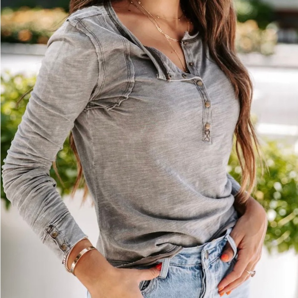 Long Sleeve Henley-Washed Gray
